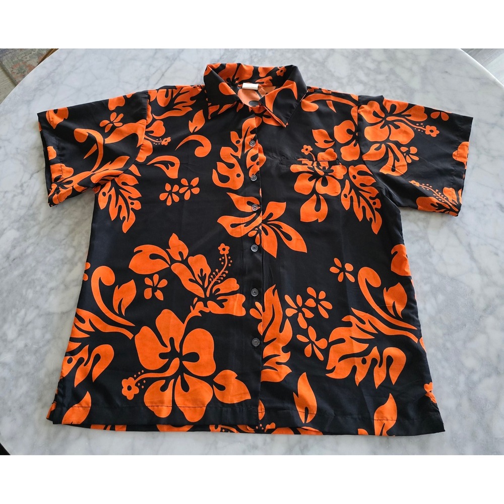 King Kameha Kids Large Black Orange Hibiscus‎ Floral Hawaiian Button Down Shirt